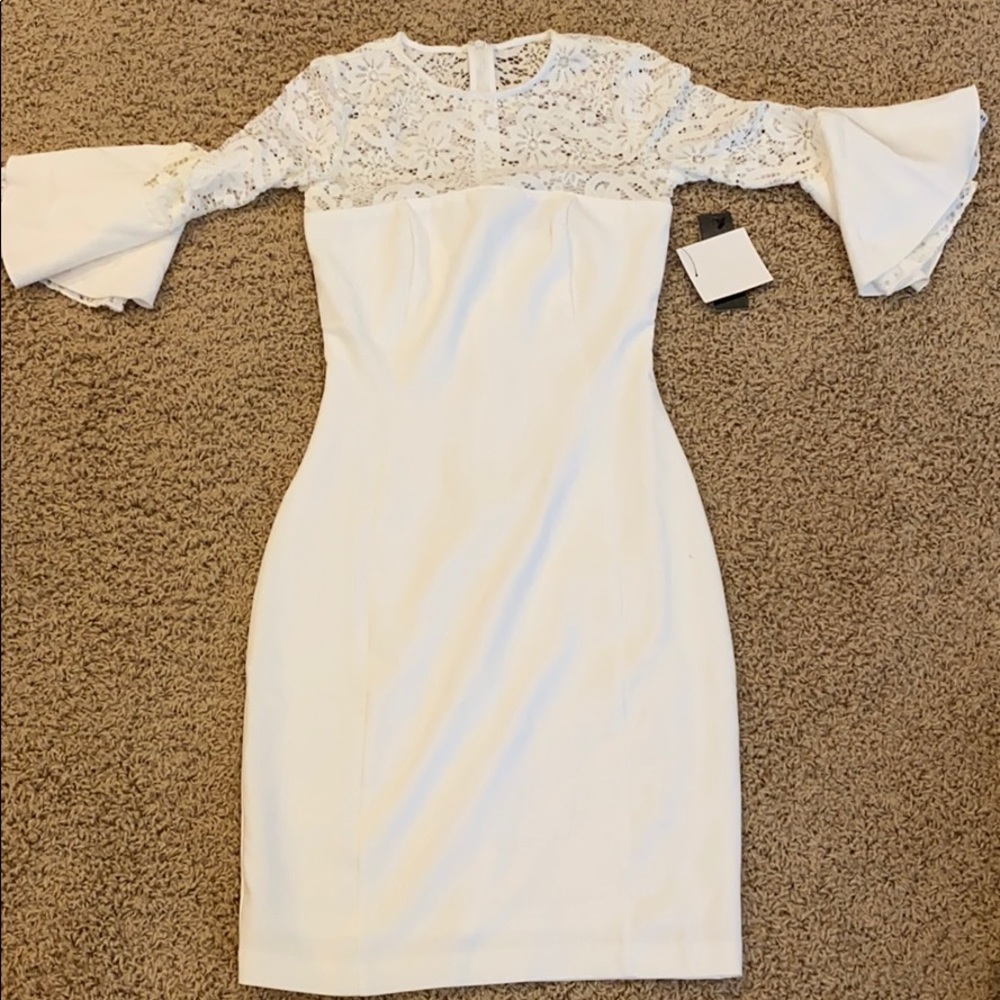 White lace fitted bell sleeve dress